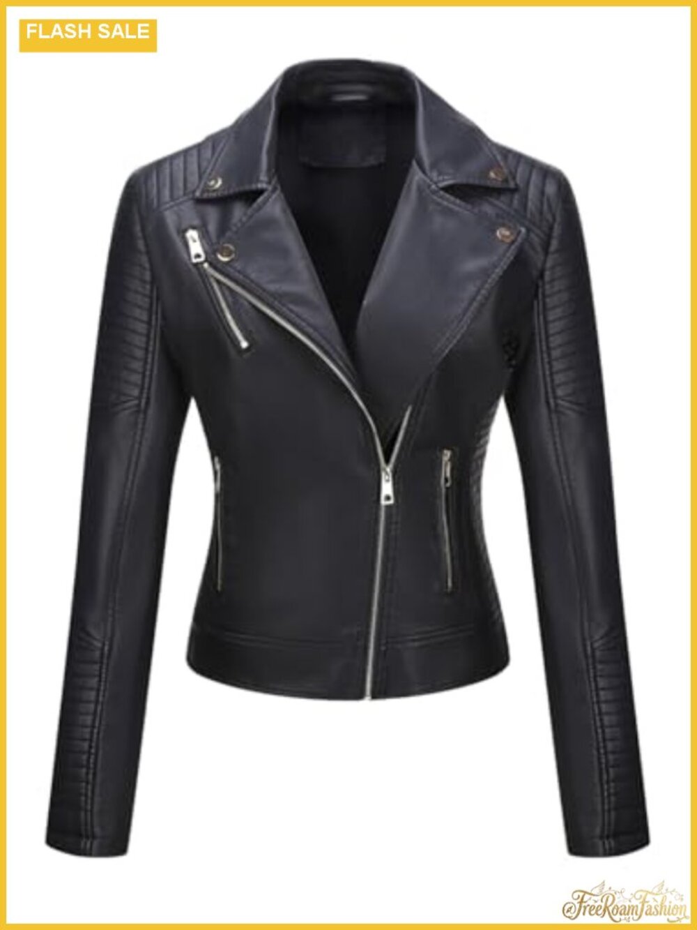 Faux Leather Motorcycle Cropped Moto Jacket Notch Lapel Slim Fit